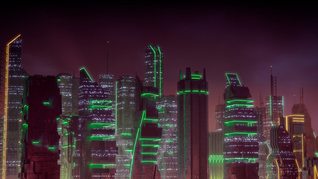 Cyberpunk City Skyline with Orange and Green Neon lights. Night scene with Advanced Superstructures.