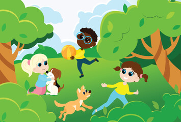 Multicultural group of children playing with pets and ball in nature. Beautiful summer or spring day in nature. Illustration in children's cartoon style.