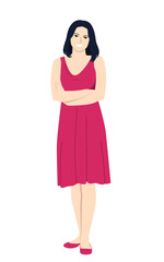 Full length girl in a dress. She is smiling and friendly. Man in cartoon style.