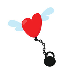Heart with wings on chain with kettlebell in cartoon style isolated on white background. The concept of toxic love relationships, domestic violence and emotional problems.