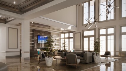 Obraz na płótnie Canvas large interior of the lobby in the hotel, 3D illustration, cg render