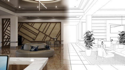 large interior of the lobby in the hotel, 3D illustration, cg render
