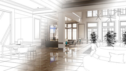 large interior of the lobby in the hotel, 3D illustration, cg render