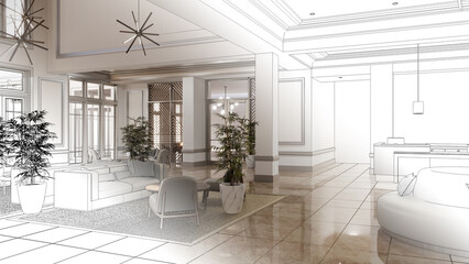 large interior of the lobby in the hotel, 3D illustration, cg render