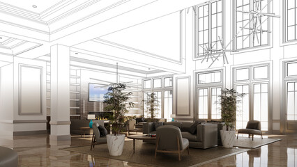 Fototapeta na wymiar large interior of the lobby in the hotel, 3D illustration, cg render