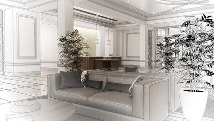 large interior of the lobby in the hotel, 3D illustration, cg render