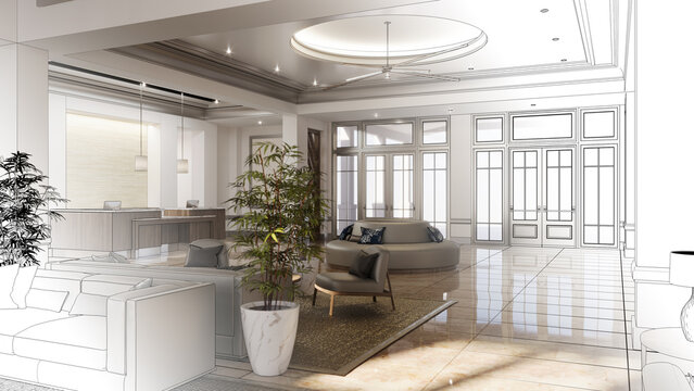 large interior of the lobby in the hotel, 3D illustration, cg render