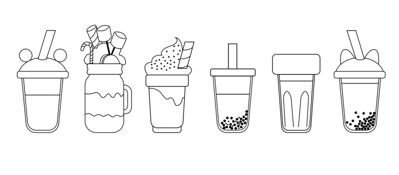 Set of Bubble Tea, milkshakes juices, and Coffee Drinks Isolated on White Background. Smoothie with tapioca Boba Yummy Beverages in Glass or Plastic Cups with Straw. Doodle vector collection