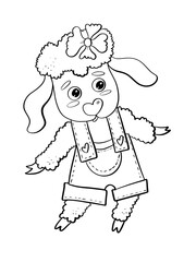 contour line illustration cartoon flat style childish character cute animal lamb in clothes sticker design element print coloring media postcard