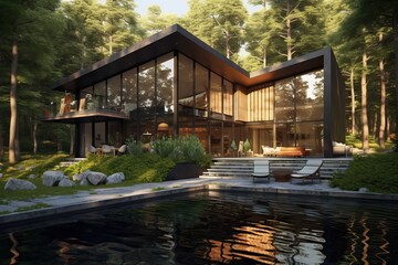 Obraz premium Modern house with pool in a natural environment, generative ai