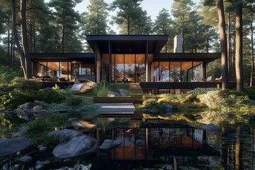 Modern house with pool in a natural environment, generative ai