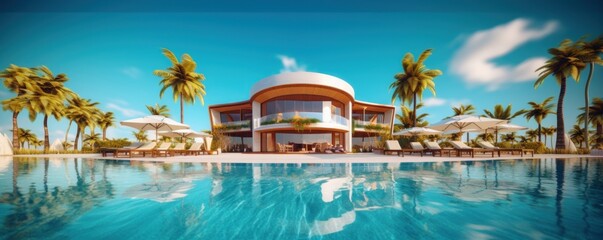 Luxury Resort on Tropical Beach, Hotel with Swimming Pool for Summer Time. Generative AI