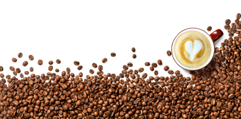 Coffee beans on white background. Top view of coffee beans with a cup of cappuccino coffee. Copy space for text