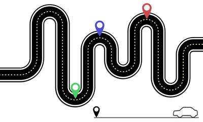 Road location infographic template with a pointer to a pin. Winding roads on a colorful background. Stylish road ribbons with cars