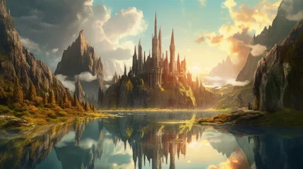 Fotobehang 壮大な自然風景と西洋の城のイラスト,Generative AI AI画像 © beeboys