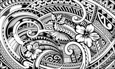 Ethnic print design for fabric with Polynesian style ornaments and native motives