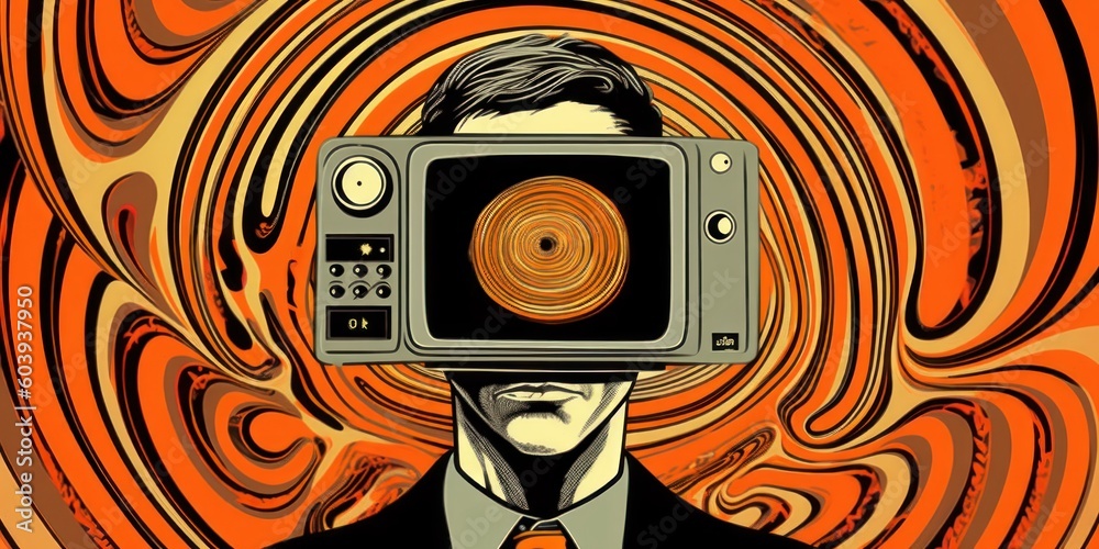 Wall mural Cartoon style picture of man with TV instead of head. Beautiful illustration picture. Generative AI