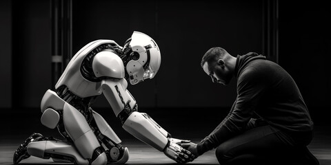 Obraz na płótnie Canvas Weißer Roboter und ein Mensch geben sich die Hände, Kooperation von Mensch und Maschine, Generative AI