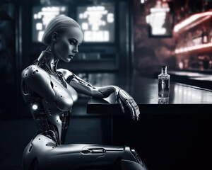 Fototapeta na wymiar Weiblicher Cyborg mit einem Arm sitzt an der Bar, Generative AI