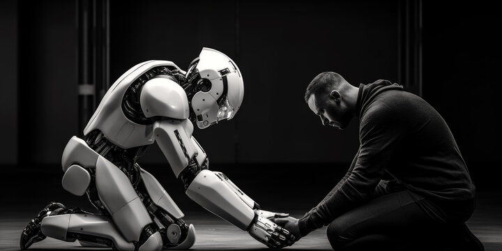 Weißer Roboter und ein Mensch geben sich die Hände, Kooperation von Mensch und Maschine, Generative AI