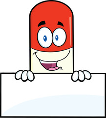 Pill Capsule Cartoon Mascot Character Over Blank Sign. Hand Drawn Illustration Isolated On Transparent Background