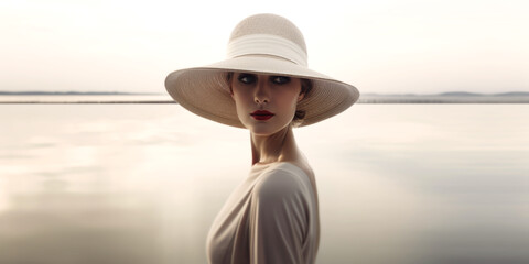 Hübsche blonde Frau am Meer trägt einen Hut, Generative AI - obrazy, fototapety, plakaty