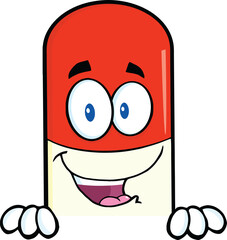 Pill Capsule Cartoon Character Over Blank Sign. Hand Drawn Illustration Isolated On Transparent Background