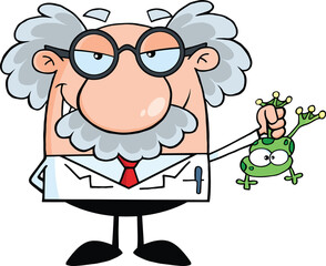 Smiling Mad Scientist Or Professor Holding A Frog. Hand Drawn Illustration Isolated On Transparent Background