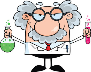 Mad Scientist Or Professor Holding A Bottle And Flask With Fluids. Hand Drawn Illustration Isolated On Transparent Background