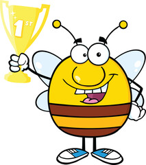 Pudgy Bee Cartoon Character Holding First Prize Trophy Cup. Hand Drawn Illustration Isolated On Transparent Background