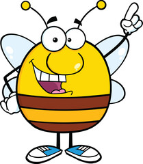 Pudgy Bee Cartoon Character Pointing With Finger. Hand Drawn Illustration Isolated On Transparent Background