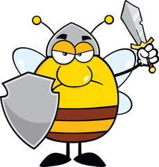 Angry Pudgy Bee Warrior With Shield And Sword. Hand Drawn Illustration Isolated On Transparent Background