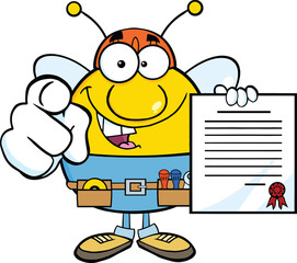 Pudgy Bee Worker Pointing With Finger And Holding A Contract. Hand Drawn Illustration Isolated On Transparent Background