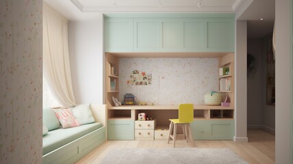 Fototapeta na wymiar beautiful, colorful, cool children's room, with cozy lights