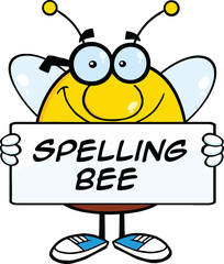 Smiling Pudgy Bee Cartoon Mascot Character Holding A Banner With Text. Hand Drawn Illustration Isolated On Transparent Background
