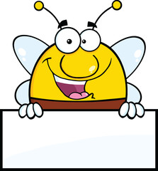 Pudgy Bee Cartoon Character Over Blank Sign. Hand Drawn Illustration Isolated On Transparent Background