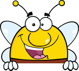 Pudgy Bee Cartoon Character Over Blank Sign. Hand Drawn Illustration Isolated On Transparent Background
