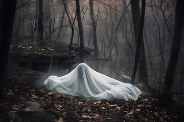 ghost with white sheet costume among trees in the forest, generative ai generated
