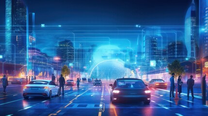 Fototapeta na wymiar Futuristic cityscape with autonomous vehicles. Beautiful illustration picture. Generative AI