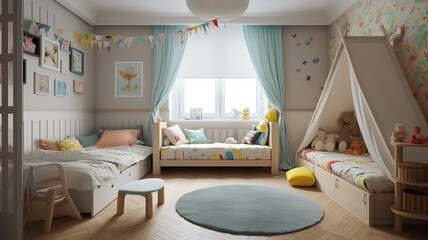 beautiful colorful children's room with cozy lights
