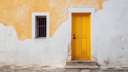 A white wall with a yellow door and window. Generative AI.