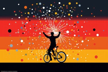 Silhouette of man that is riding the bicycle and looking at salute. Beautiful illustration picture. Generative AI