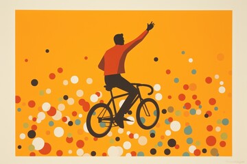 Fototapeta na wymiar Minimalist image of man that riding bicycle, round shaped colorful objects. Beautiful illustration picture. Generative AI
