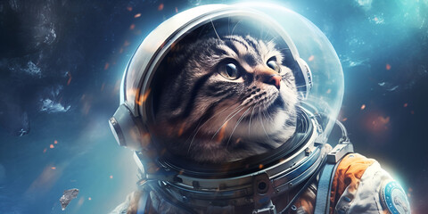Closeup of Cat astronaut in space with stars and planets behind. AI generative
