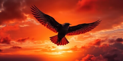 Naklejka na ściany i meble Silhouette of bird flying on sunset orange sky background. Generative AI