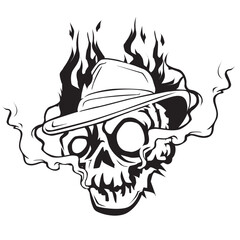 fiery and smoking skull head illustration with cowboy hat, doodle and halloween art, tattoo