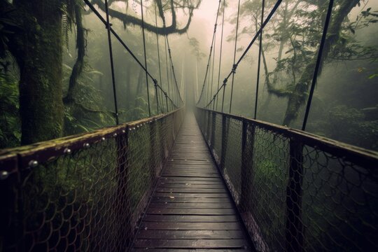 Suspension bridge in the jungle at foggy weather. Beautiful illustration picture. Generative AI