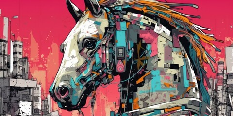 Pop art style. Anthropomorphic robot with head of horse. Beautiful illustration picture. Generative AI