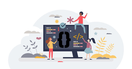 Coding for kids and writing script in digital language tiny person concept, transparent background. Code learning for website project development illustration. Technology education for young children.