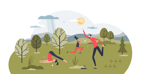 Yoga activity as outdoor physical activity for good posture tiny person concept, transparent background. Stretching, strength exercises and wellness for healthy body illustration.